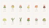 Botanical 2022 monthly calendar template, cactus iPhone wallpaper vector set