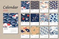 Japanese 2022 monthly calendar template, vintage pattern vector set. Remix from vintage artwork by Watanabe Seitei.