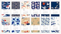 2022 monthly calendar template, vintage Japanese pattern iPhone wallpaper vector set. Remix from vintage artwork by Watanabe Seitei.