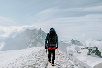 Adventure wallpaper background, hiker at Aiguille du Midi, vintage tone