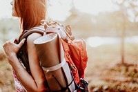 Woman adventure desktop wallpaper background, female backpacker, vintage tone