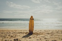 Summer desktop wallpaper background, surfboard on the beach, vintage tone