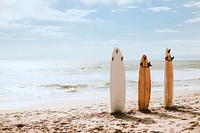 Summer wallpaper background surfboards at the beach, warm tone