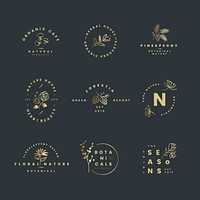 Gold flower logo templates, botanical illustration vector set