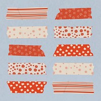 Doodle pattern washi tape clipart, red diary sticker vector set