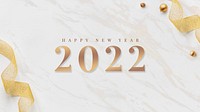2022 happy new year card gold ribbons wallpaper on white marble design vector
