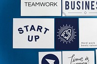 Startup postcard set on a blue wall