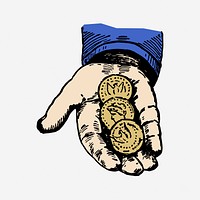 Hand holding coins clipart, vintage finance illustration. Free public domain CC0 image.