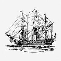 Sailing ship drawing, vintage vehicle illustration. Free public domain CC0 image.