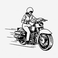 Woman biker drawing, vintage vehicle illustration. Free public domain CC0 image.