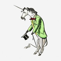 Unicorn wearing suit clipart, vintage cartoon illustration. Free public domain CC0 image.