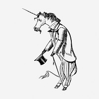 Unicorn wearing suit drawing, vintage cartoon illustration. Free public domain CC0 image.