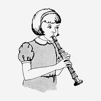 Girl playing flute drawing, vintage music illustration. Free public domain CC0 image.