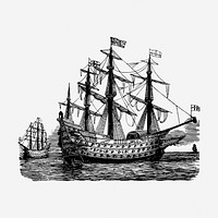Sailing ship drawing, vintage vehicle illustration. Free public domain CC0 image.