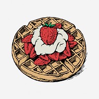 Strawberry waffle clipart, vintage food illustration. 