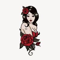 Sexy tattooed woman clipart, portrait illustration. Free public domain CC0 image.