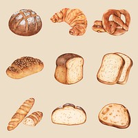 Golden brown bread sticker psd illustration set