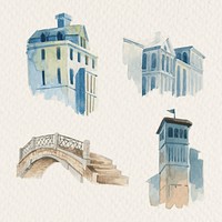 Psd vintage European architecture watercolor illustration collection