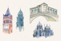 Vintage European architectural building vector watercolor set