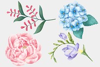 Vintage blooming flowers watercolor clipart set