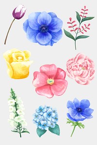 Vintage blooming flowers watercolor clipart set