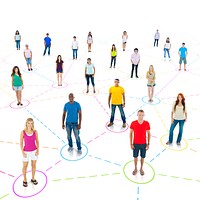 Colorful multi ethnic connected people standing.