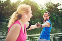 Couple Exercise Playlist Happiness Wealth Health Concept