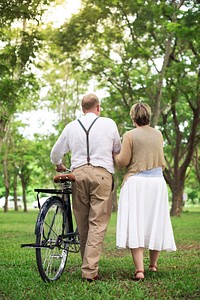 Couple Love Romantic Togetherness Bicycle Walking Park Concept