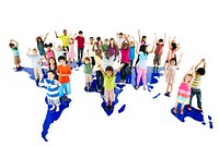 Group of diverse kids standing together with arms raised