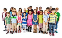 Group of diverse kids standing together isolated on white