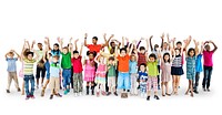 Group of diverse kids with arms raised isolated on white