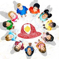 Child with a drawing of firefighter helmet