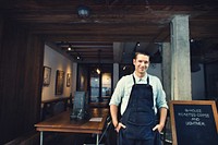 Barista Guy Standing Welcome Cafe Concept