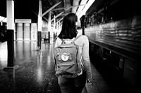 Asian Lady Traveler Backpack City Concept
