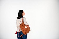 Asian Lady Traveler Backpack City Concept