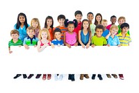 Group of diverse kids studio portrait and copyspace