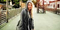 Young Woman Skateboard Standing Outdoors Bridge Concept