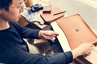 Leather briefcase for photographer and camera