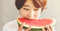 Asian Girl Eating Watermelon Fruit Sweet Dessert Concept