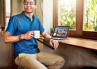 Man Working Coffee Shop Connecting Laptop Concept
