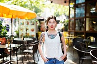 Pretty Tattooed Girl Cafe Relaxation Concept