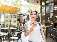 Woman Holding Icecream Outdoors Relaxation Casual Concept