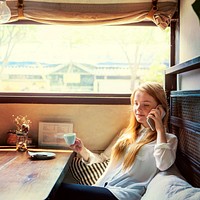 Girl Relaxing Coffee Cellphone Chill Concept