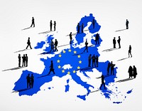 Blue Cartography Of The EU In A White Background And Silhouettes Of Business People On It