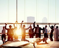 Business People Arms Raised Board Room Success Concept