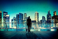 Businessman Cityscape Skyline Night Light Vision Concept