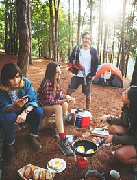 Friends Camping Cooking Breakfast Concept
