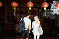 Caucasian couple is touring the temple