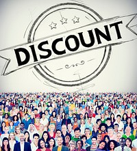 Discount badge overlay on a huge crowd of people