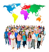 large ethnic group of people with colourful world's map